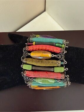 Ayala Bar Colorful Mixed Media Textile Glass Bead Wide Bracelet 7.5” Signed